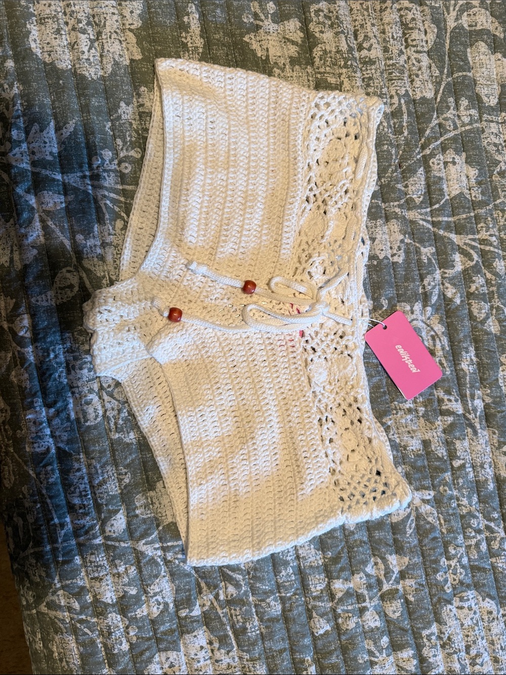 Edikted Cream Crochet Swim Coverup Shorts with Bead Drawstring